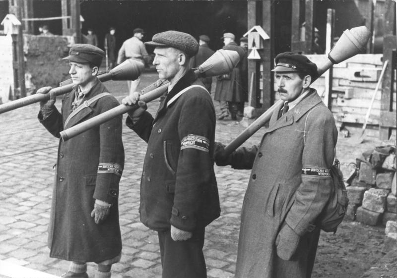 Volkssturm men with Panzerfausts in Berlin, March 1945, before the final Soviet assault. Bundesarchiv, Bild 183-J31320; photographer unknown.
