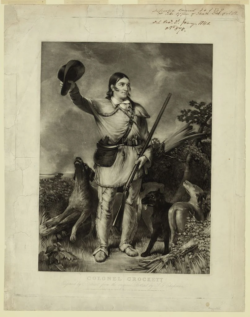 Portrait print of David Crockett with a rifle, fur cap and dogs