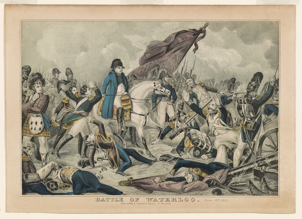 Hand-coloured lithograph of cavalry and infantry at the Battle of Waterloo