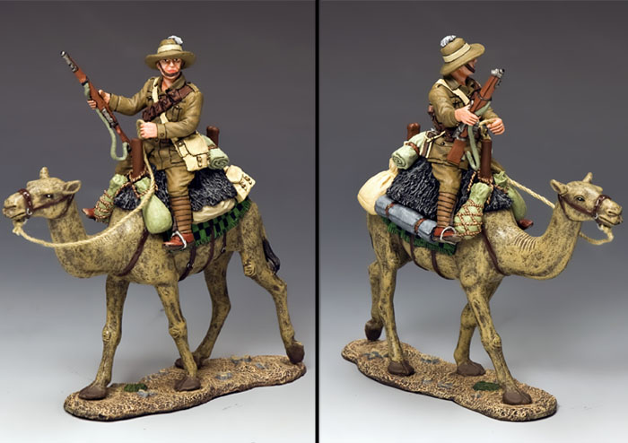 King & Country AL037 Aye Ready camel trooper, decorative saddle blanket; two views of one figure