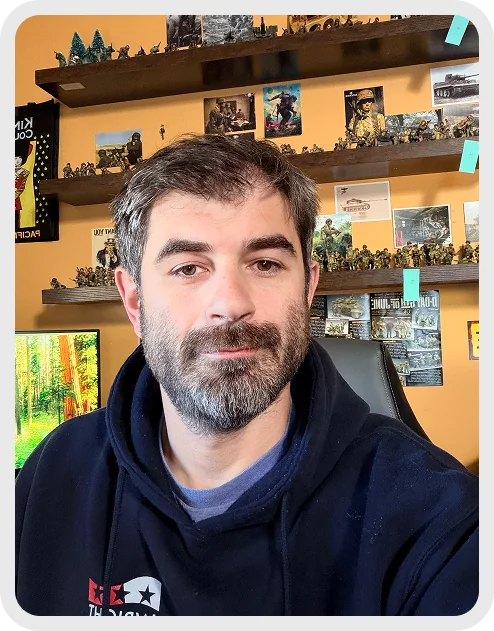 Vladimir, creator of Operation ToyBox, in front of his military miniature collection