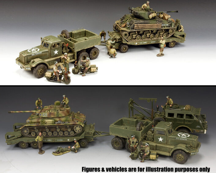 King & Country DD318 Diamond T transporter shown with separately sold display accessories