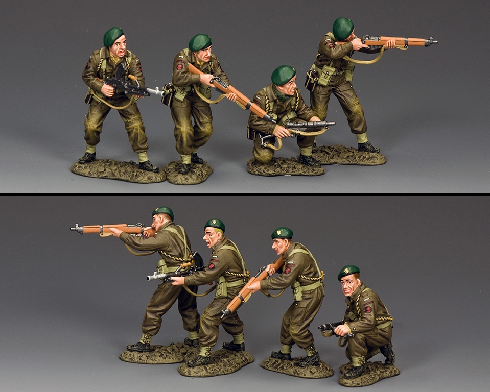 DD332 Fire and Advance: the same four French commandos shown from front and rear. One Bren gunner, two riflemen and one Sten gunner. Manufacturer reference image © King & Country.